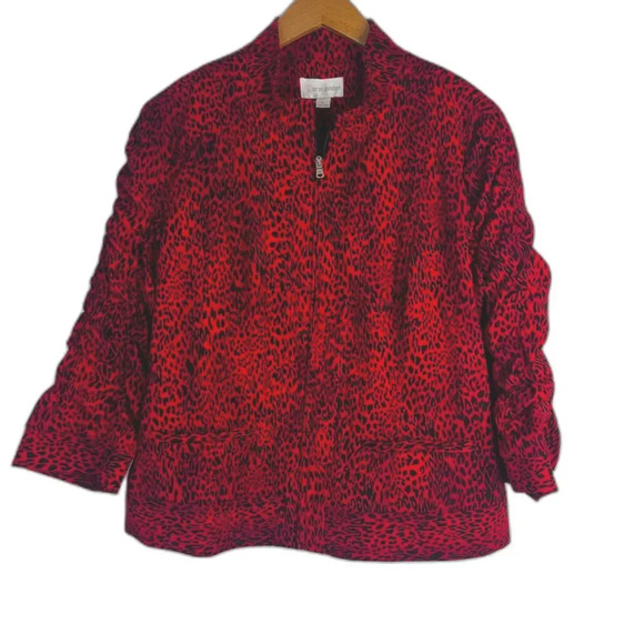 Erin London Red Animal Print 1/2 Ruched Sleeve Mock Neck Full Zip Size Large - Picture 1 of 10